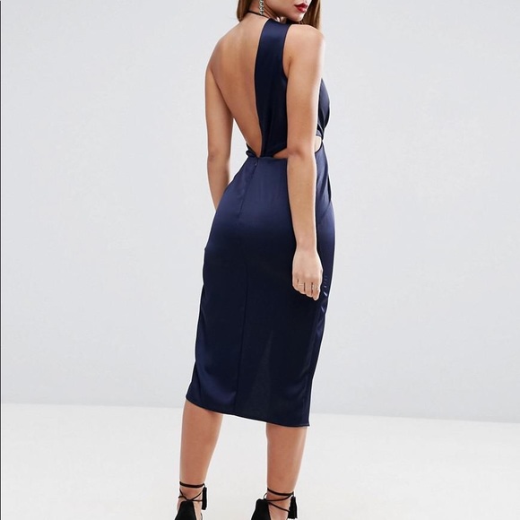 ASOS Navy Front Wrap Midi Dress - Picture 6 of 6